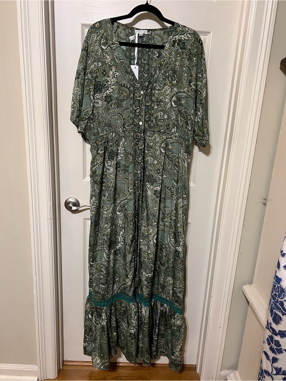 Karma Highway Olive Paisley Maxi Dress with Button Front